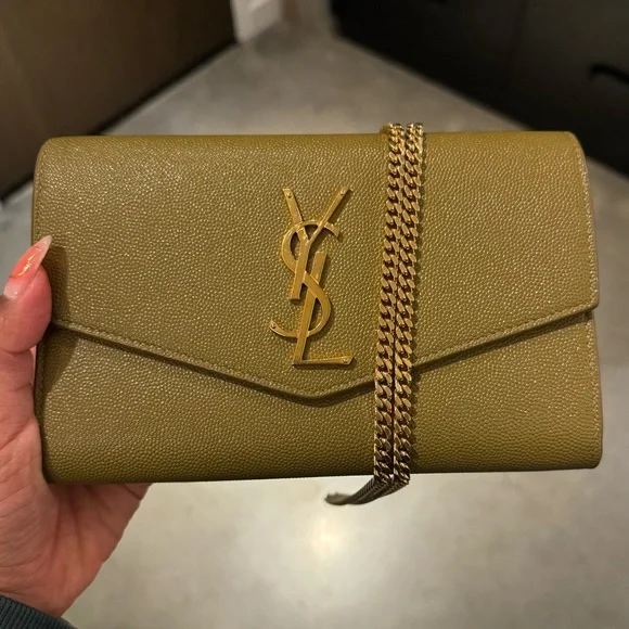 Relist - YSL CHARTREUSE UPTOWN CHAIN WALLET IN GRAIN DE POUDRE EMBOSSED LEATHER - Picture 2 of 11